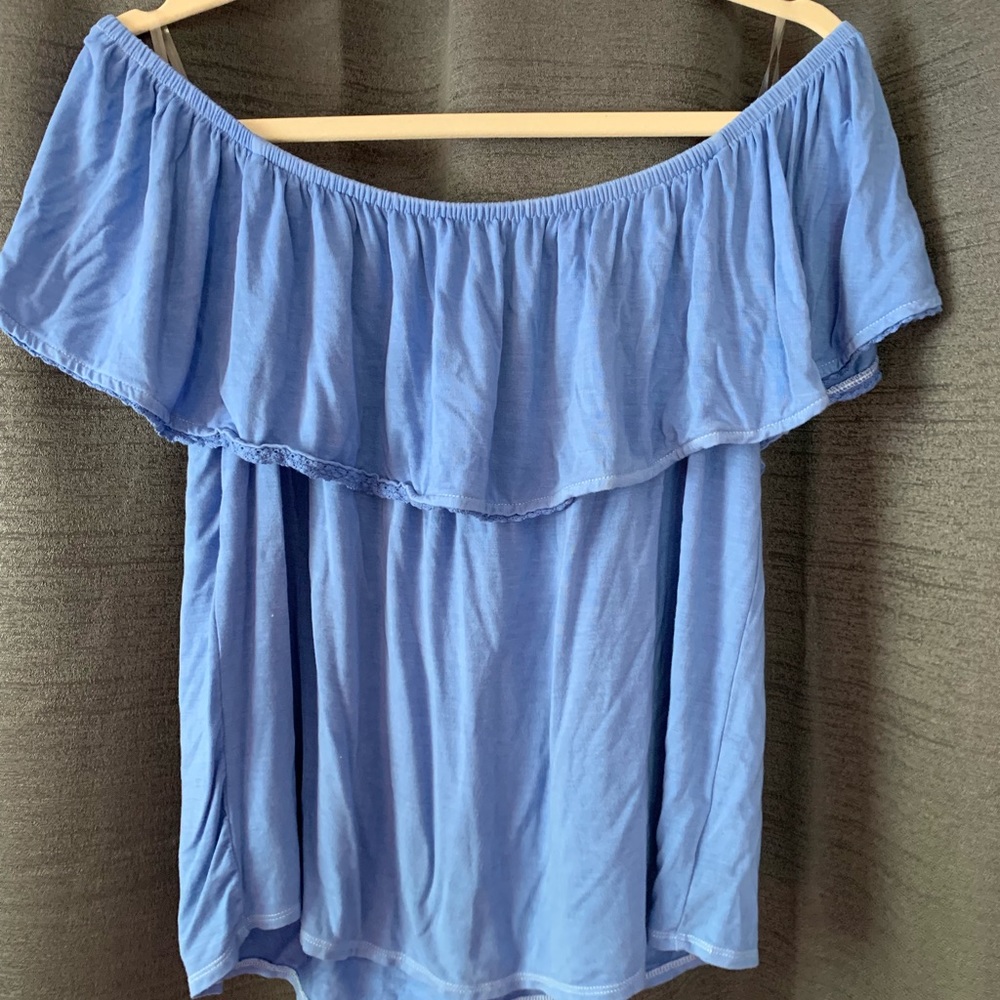 Off the shoulder blue shirt